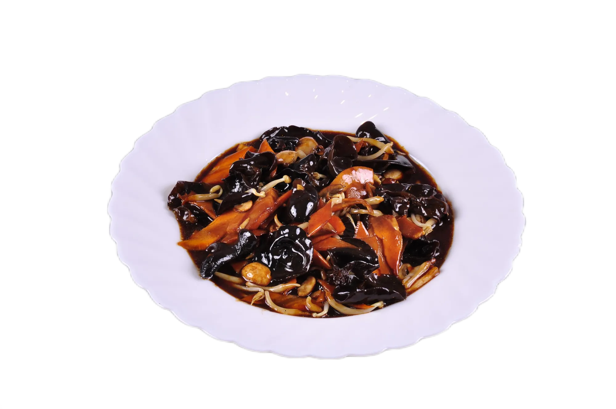 Пържени бамбук, черни гъби, печурки, моркови, кълнове